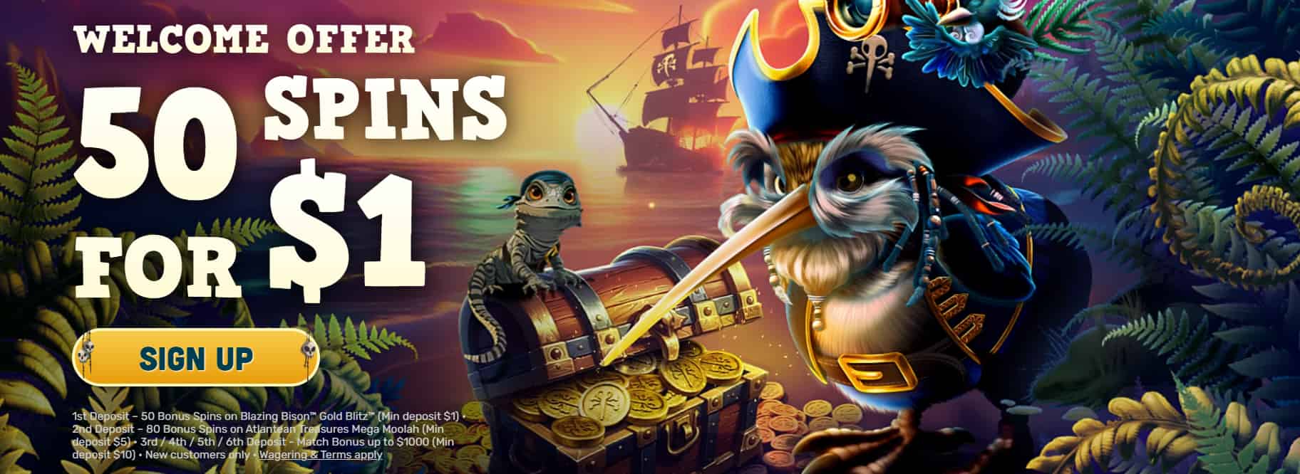 Kiwis Treasure Casino — NZ-Tailored Pirate Adventure bonus banner